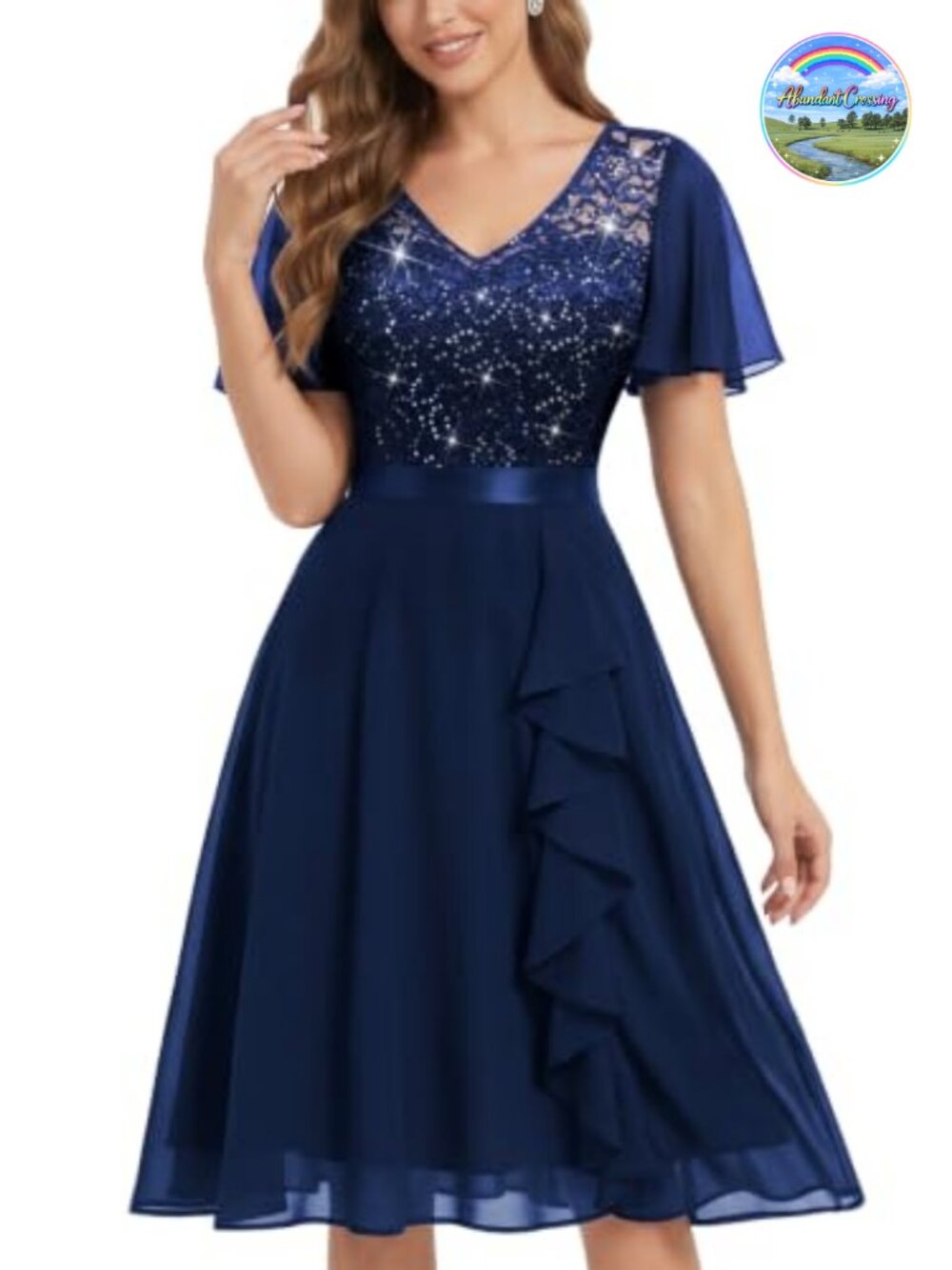 Sequin Lace V-Neck Flutter Sleeve Ruffle A-Line Party Dress